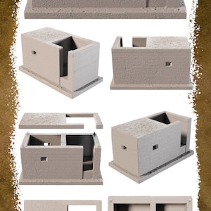 Puede incluir: Varias imágenes de una maqueta de hormigón, etiquetada como "TYPE 23 STANDARD - FW3/23". La estructura rectangular presenta aberturas y una superficie texturizada, mostrada desde diferentes ángulos.