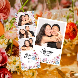 Minimalistische bloemen bruiloft Photo Booth Strip-sjabloon, lentebloemen, Photobooth-overlay, Instant Download, Canva, 2 x 6, 4 x 6, 3 foto's