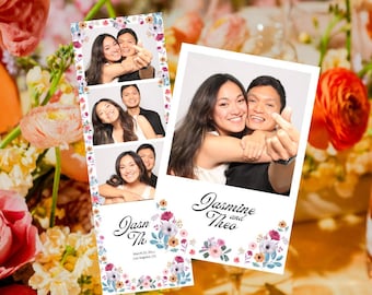 Minimalist Floral Wedding Photo Booth Strip Template, Spring Flowers, Photobooth Overlay, Instant Download, Canva, 2x6, 4x6, 3 Photos