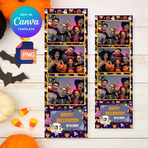 Modelo bonito de tira de cabine fotográfica de Halloween, 2x6, festa de Halloween, doces ou travessuras, abóbora, arquivo PNG, modelo Canva, arquivo editável, 3 fotos