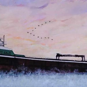 May include: A black and green cargo ship with a white superstructure sails on a calm body of water. The ship is sailing under a pink and purple sky with a flock of birds flying in formation.