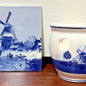 Delft Hand Painted Glazed Ceramic Windmill Tile Holland and Windmill Planter