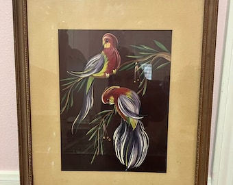 油絵 / 絵画 / 枝に止まる鳥 / 緑 / 楕円形 / 額入り / 木製 / 花