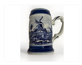 Bierpul Vintage Delfts Blauwe mok Hollandse molen handgeschilderd origineel label