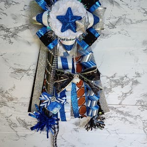 Pre-made Royal blue, black,  white and silver homecoming mini mum, Pee-wee ribbon pin, Homecoming garter