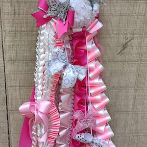 Pre-Made Pink, White and silver homecoming mum, butterfly homecoming ribbon pin
