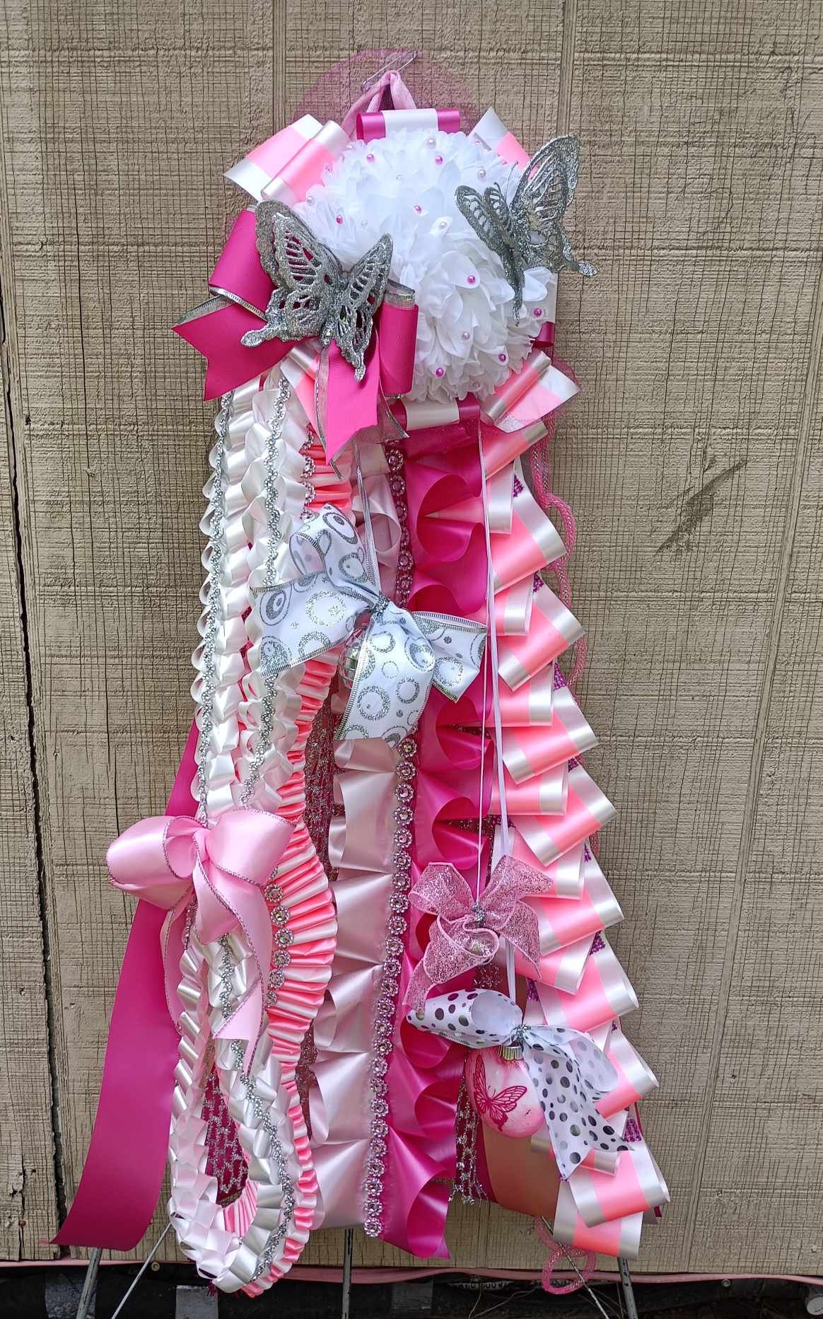 Pre-Made Pink, White and silver homecoming mum, butterfly homecoming ribbon pin
