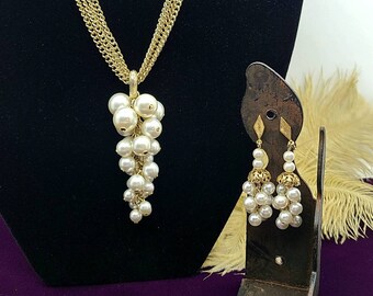 Vintage Faux Pearl Grape Cluster Lewis Segal Dangle Clip-On Earrings and Unsigned Necklace Set Gold Tone