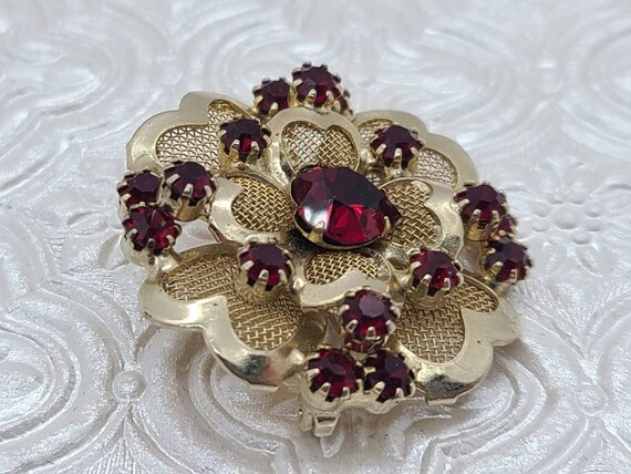 Lovely Heart with Red Rhinestones Gold Tone Brooch Pin - Ruby Lane