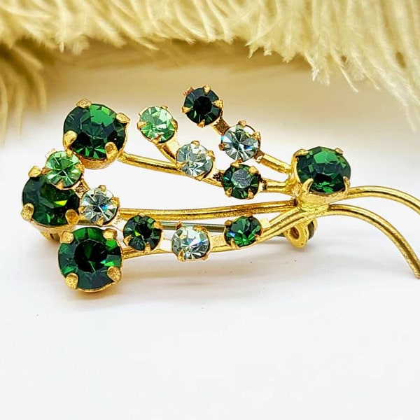 Vintage Floral Spray  Emerald-Green & Peridot/Lime Colored Rhinestone Branch Bouquet Brooch Pin Prong-Set Gold-Tone Unsigned 1.5"