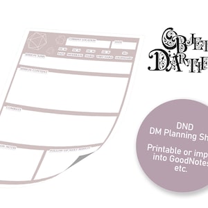 Pode incluir: Uma folha de planejamento DM para Dungeons and Dragons (D&D) imprimível com seções para objetivos da sessão, conteúdo da sessão, combates, notas da sessão e acompanhamento da próxima sessão. A folha também inclui uma seção para a localização atual com níveis de dificuldade que vão de fácil a lendário.