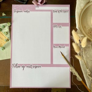 May include: A pink and white printable D&D session notes sheet with sections for the date, quote of the session, NPCs met, items obtained, and follow up next session.