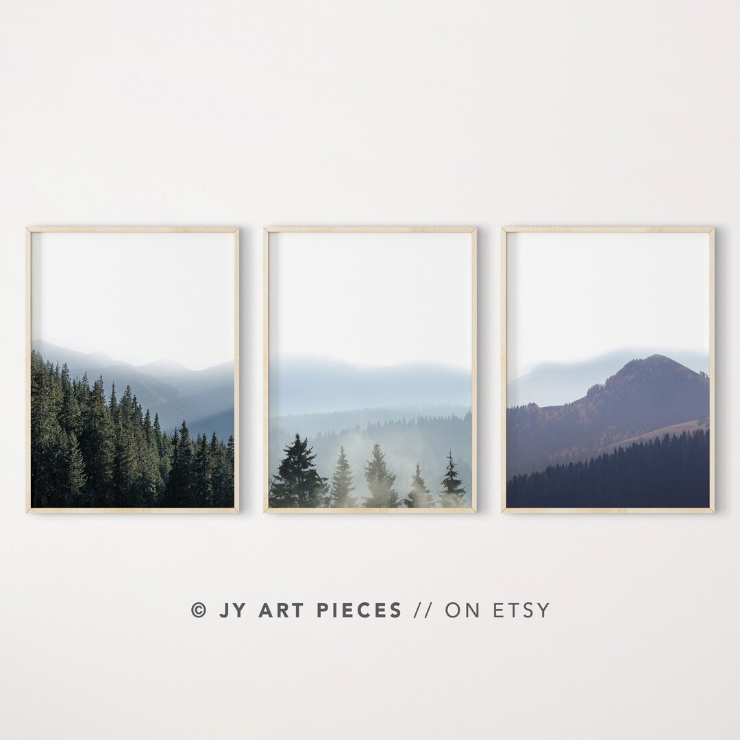 Misty Forest Prints Set of 3: Minimalist Landscape Wall Art (digital ...
