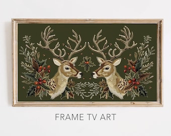 Christmas Frame TV Art | Reindeer Art | Festive Embroidery Style Christmas Decor Instant Download
