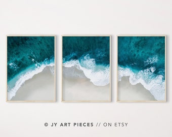 Arte mural aéreo del océano azul (3 piezas), impresiones de olas costeras, fotografía costera, decoración digital de playa, descarga instantánea