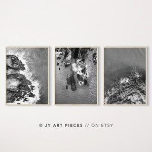Black and White Coastal Prints, Coastal Wall Art, Set of 3, Ocean Wall Art, Ocean Prints Aerial, Waves Prints, Cliff Print, Instant Download