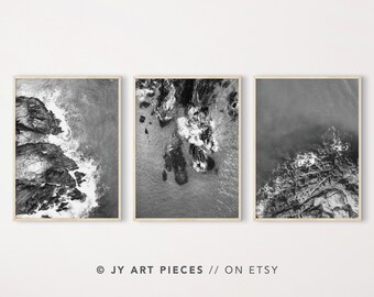 Black and White Aerial Coastal Print Set, Ocean Photography (Digital Download)