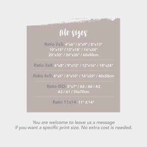 May include: A chart listing different file sizes for digital prints. The chart includes ratios such as 2x3, 3x4, 4x5, and 11x14. The sizes are listed in inches and centimeters. The text at the bottom of the chart reads: "You are welcome to leave us a message if you want a specific print size. No extra cost is needed."