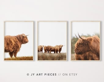 Highland Cow Prints: Farmhouse Nature Wall Art, Set of 3 (Instant Download)