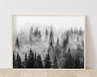 Black and White Foggy Forest Print: Nordic Nature Wall Art (Digital Download)