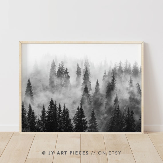 Black and White Foggy Forest Print: Nordic Nature Wall Art (Digital Download)