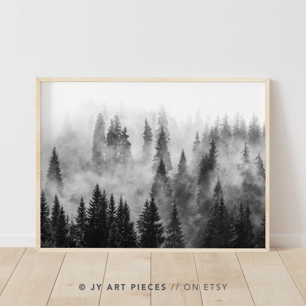 Forest Print, Foggy Forest Wall Art, Black White Forest Print, Misty Forest, Nature Print, Pine Forest Print, Nordic Wall Art,