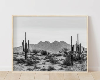 Black and White Cactus Prints, Desert Wall Art, Four Peaks Arizona Photography, Minimalist Nature Decor, Instant Download