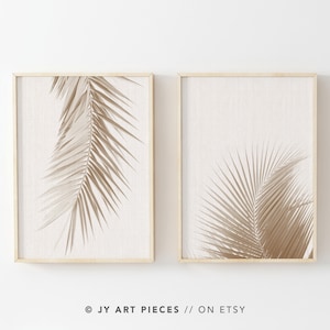 Palm Leaf Prints Set of 2, Neutral Tropical Beach Wall Art, Beige Botanical Decor, Minimalist Plant Print, Instant Download
