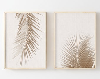 Palm Leaf Prints Set of 2, Neutral Tropical Beach Wall Art, Beige Botanical Decor, Minimalist Plant Print, Instant Download