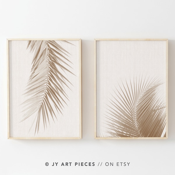 Set of 2, Palm Leaf Prints, Tropical Plant Print, Tropical Wall Art, Neutral Tone Palm Leaf Wall Art, Beige Wall Decor, Instant Download