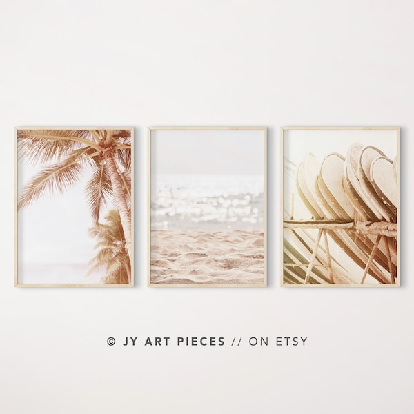 Set of 3 Beach Prints, Boho Coastal Wall Art, Palm Tree, Surfboard Print, Home Decor Coastal, Beach Printable Wall Art, Instant Download