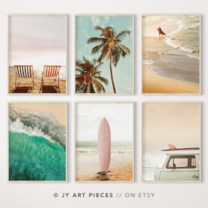 Juego de 6 impresiones de arte de pared playero: tabla de surf, furgoneta VW, olas y palmeras, decoración costera de verano, descarga instantánea