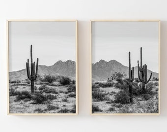 Set of 2 Black White Desert Landscape Prints, B W Cactus Print, Four Peaks of the Mazatzal Mountains, Arizona Printable, Instant Download