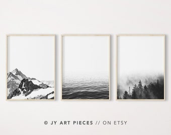 Black and White Ocean Print, Set of 3, Black and White Nature Prints, Mountain Print, B W Forest Wall Art, Nature Gallery Wall