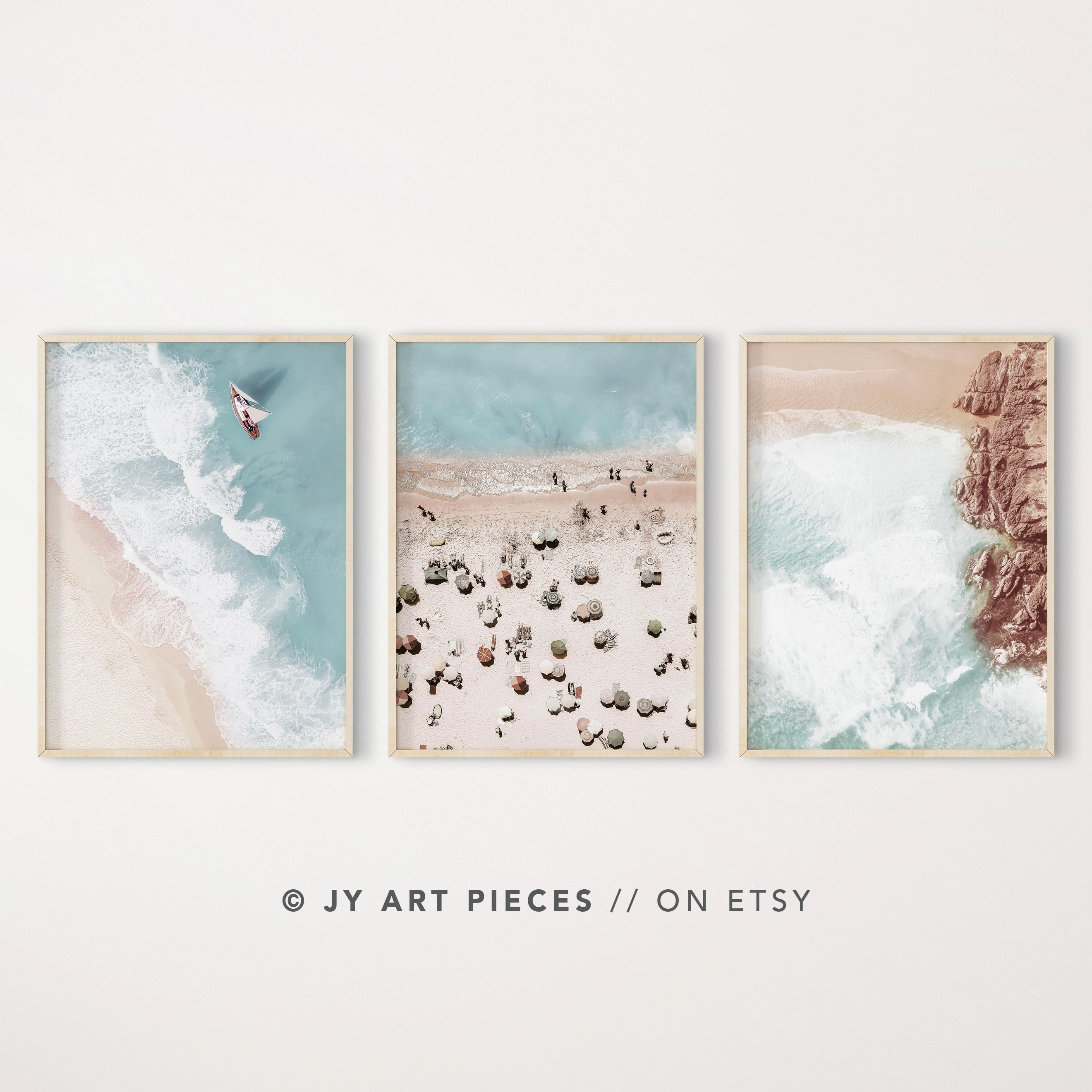 Aerial Beach Wall Art Set of 3, Coastal Ocean Prints, Waves Photography, Summer Beach Decor, Instant Download