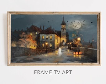 Halloween Night Scene | Spooky Town Painting | Ghost with Pumpkin Lantern | Samsung Frame TV Art | Digital Download | Autumn Wall Decor