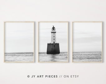 Lighthouse Prints Set of 3,Black and White Lighthouse Print,Black White Ocean Print,Ocean Wall Art,Black White Waves Print,Instant Download