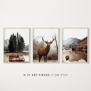 Deer Prints, Lake Mountain Wall Art, Autumn Prints, Fall Prints, Autumn Forest Print, Thanksgiving Decor, Set of 3, Instant Download