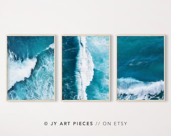 Conjunto de impresiones de olas azules del océano: arte aéreo marino (descarga digital)