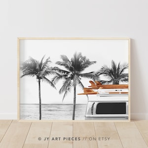Impressão de prancha de surfe em preto e branco, arte de parede de praia para van VW, decoração costeira com palmeiras, impressão minimalista de verão