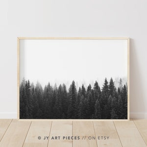 Impression forêt de pins noir et blanc : oeuvre d&#39;art murale nature (téléchargement instantané)