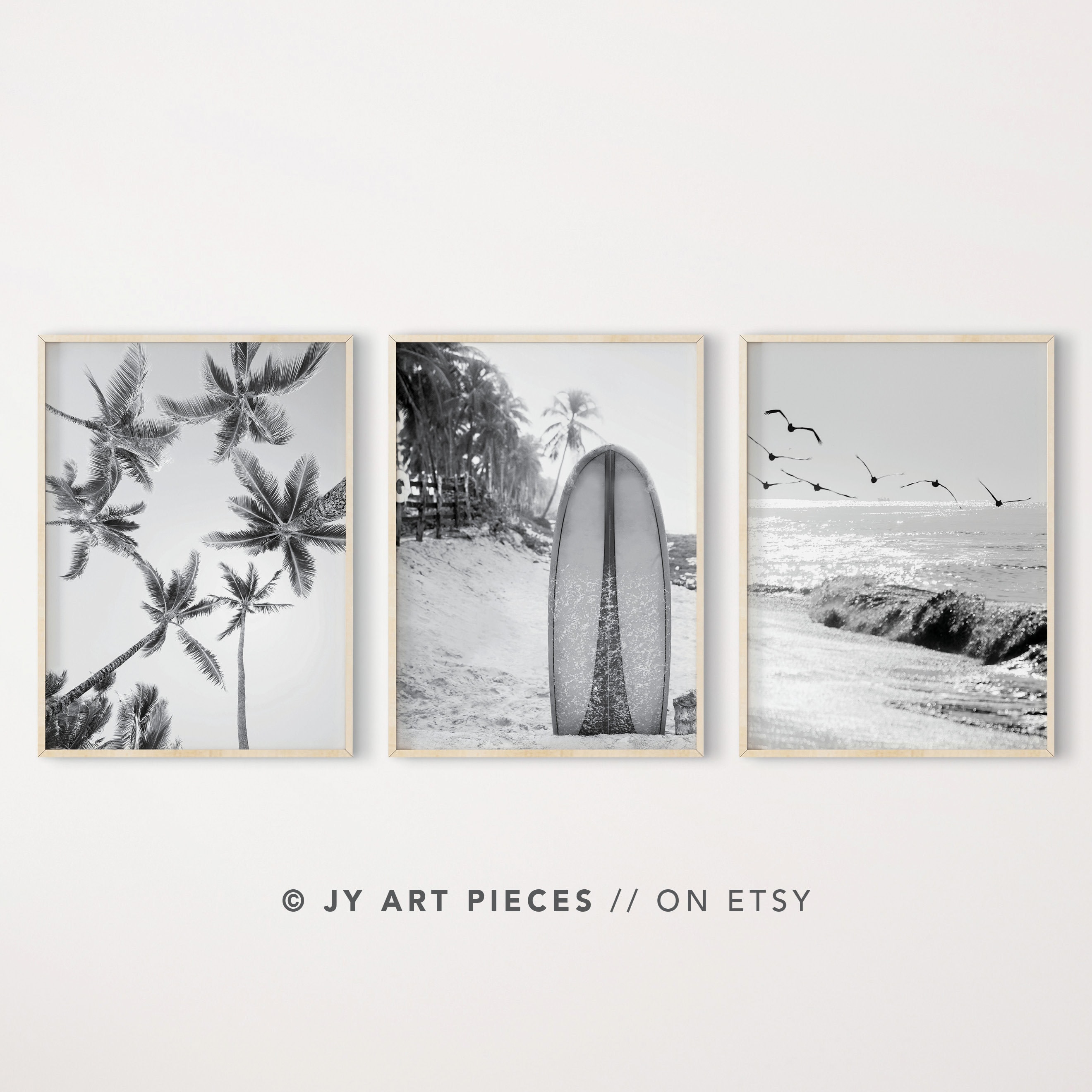 Black and White Beach Prints: Coastal Palm Tree & Surfboard Art (Digital Download)