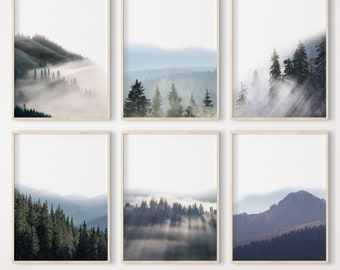 霧の森のプリント：風景画ウォールアート 6枚セット（即時ダウンロード）