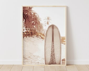 Retro Surfboard Beach Print: Vintage Palm Tree Wall Art (Digital Download)