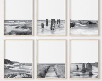Conjunto de impresiones costeras en blanco y negro: Fotografía minimalista de playa (descarga digital)