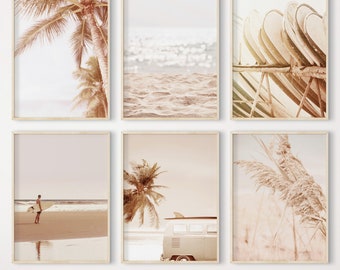 Set of 6 Prints, Beach Print Set of 6, Print Set, Palm Tree Print Set, Palm Wall Art, VW Van Print, Surf Print, Tropical, Instant Download