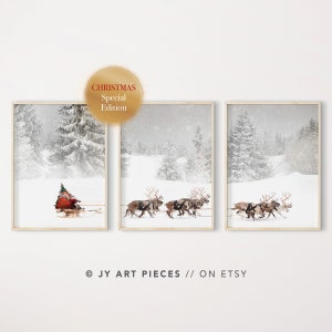 Santa&#39;s Sleigh Christmas Prints: Reindeer Winter Wonderland Art (Set of 3) (Digital Download)