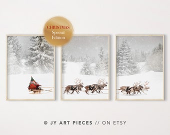 Christmas Prints, Santa and Sleigh Prints, Reindeer Wall Art, Christmas Decor, Winter Prints, Set of 3, Winter Wonderland, Digital Download