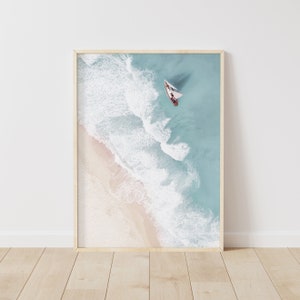 Boho Beach Aerial Print, Coastal Wall Art with Boat, Ocean Waves Printable, Summer Decor, Instant Download