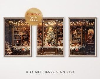 Puede incluir: Tríptico de impresiones artísticas enmarcadas que representan una acogedora escena navideña. Cada impresión muestra un escaparate lleno de libros, regalos y un árbol de Navidad decorado, iluminado por luces cálidas. El texto "CHRISTMAS Special Edition" es visible.